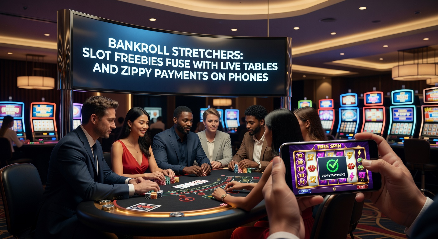 Handy-Display mit Instant-Zahlung per Apple Pay neben laufendem Live-Blackjack-Stream und Slot-Bonus
